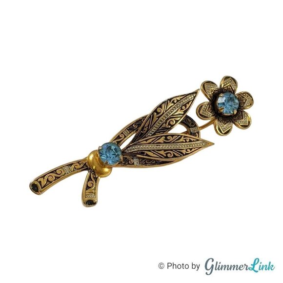 Vintage Damascene Style Floral Blue Rhinestones Gold Tone Brooch - Picture 2 of 5